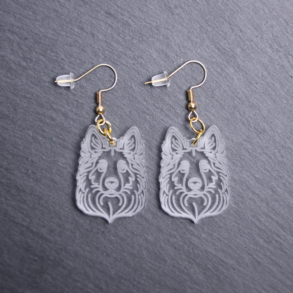 Dutch Shepherd Earrings. These earrings are made with engraved acrylic. Comes with gold hooks that is nickel free. Adorable dangle earrings for dog lovers.