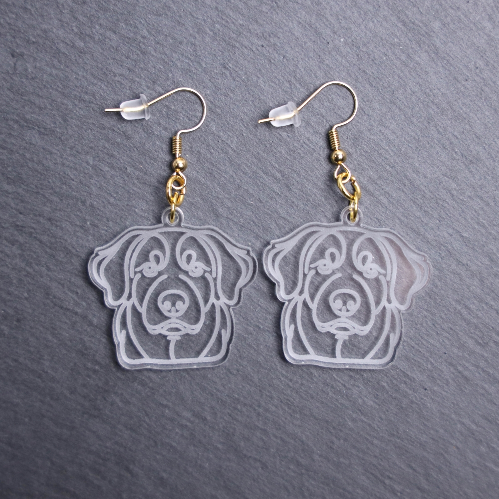 Entlebucher Mountain Dog Earrings. These earrings are made with engraved acrylic. Comes with gold hooks that is nickel free. Adorable dangle earrings for dog lovers.