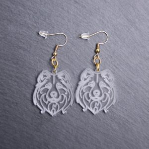 Finnish Lapphund Earrings. These earrings are made with engraved acrylic. Comes with gold hooks that is nickel free. Adorable dangle earrings for dog lovers.