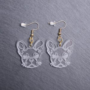 French Bulldog Earrings. These earrings are made with engraved acrylic. Comes with gold hooks that is nickel free. Adorable dangle earrings for dog lovers.