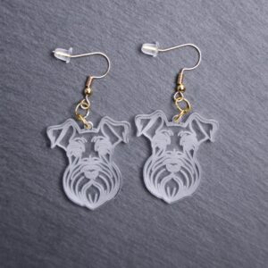 Giant Schnauzer Earrings. These earrings are made with engraved acrylic. Comes with gold hooks that is nickel free. Adorable dangle earrings for dog lovers.