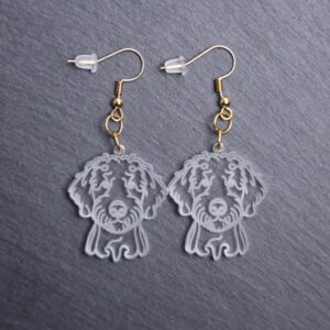 Golden Doodle Earrings. These earrings are made with engraved acrylic. Comes with gold hooks that is nickel free. Adorable dangle earrings for dog lovers.