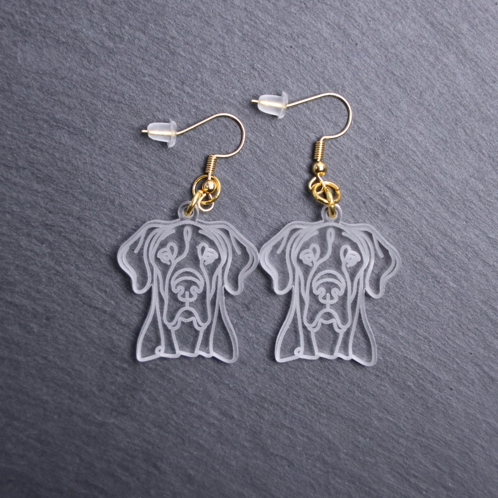 Great Dane Earrings. These earrings are made with engraved acrylic. Comes with gold hooks that is nickel free. Adorable dangle earrings for dog lovers.