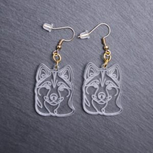 Huskita Earrings. These earrings are made with engraved acrylic. Comes with gold hooks that is nickel free. Adorable dangle earrings for dog lovers.
