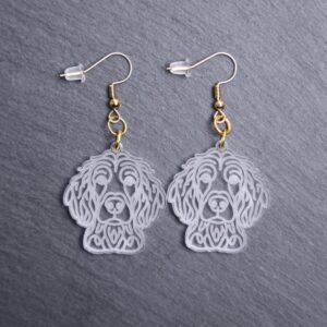 Irish Doodle Earrings. These earrings are made with engraved acrylic. Comes with gold hooks that is nickel free. Adorable dangle earrings for dog lovers.