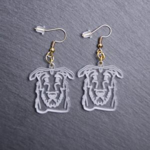 Irish Wolfhound Earrings. These earrings are made with engraved acrylic. Comes with gold hooks that is nickel free. Adorable dangle earrings for dog lovers.