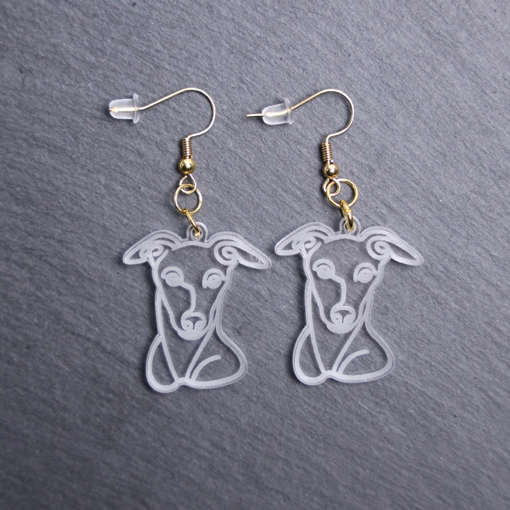 Italian Greyhound Earrings. These earrings are made with engraved acrylic. Comes with gold hooks that is nickel free. Adorable dangle earrings for dog lovers.