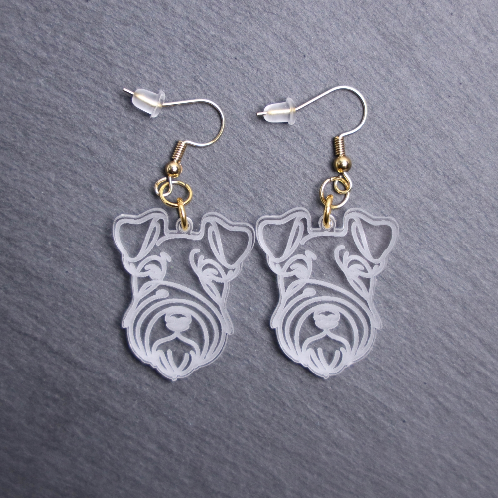 Lakeland Terrier Earrings. These earrings are made with engraved acrylic. Comes with gold hooks that is nickel free. Adorable dangle earrings for dog lovers.