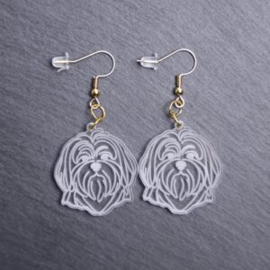 Lhasa Apso Earrings. These earrings are made with engraved acrylic. Comes with gold hooks that is nickel free. Adorable dangle earrings for dog lovers.