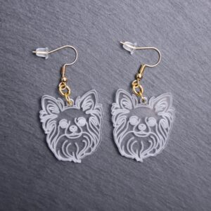 Long Coat Chihuahua Earrings. These earrings are made with engraved acrylic. Comes with gold hooks that is nickel free. Adorable dangle earrings for dog lovers.