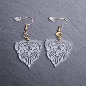 Maltese Earrings. These earrings are made with engraved acrylic. Comes with gold hooks that is nickel free. Adorable dangle earrings for dog lovers.