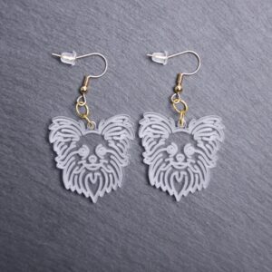 Papillon Earrings. These earrings are made with engraved acrylic. Comes with gold hooks that is nickel free. Adorable dangle earrings for dog lovers.