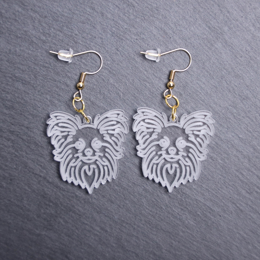 Papillon Earrings. These earrings are made with engraved acrylic. Comes with gold hooks that is nickel free. Adorable dangle earrings for dog lovers.