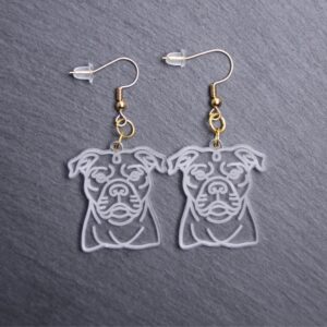 Pitbull Earrings. These earrings are made with engraved acrylic. Comes with gold hooks that is nickel free. Adorable dangle earrings for dog lovers.