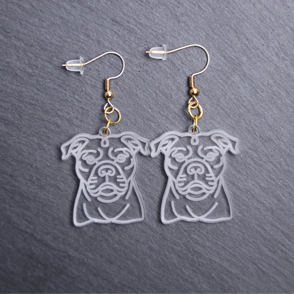 Pitbull Earrings. These earrings are made with engraved acrylic. Comes with gold hooks that is nickel free. Adorable dangle earrings for dog lovers.