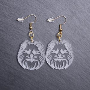 Pomeranian Earrings. These earrings are made with engraved acrylic. Comes with gold hooks that is nickel free. Adorable dangle earrings for dog lovers.