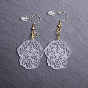 Portuguese Water Dog Earrings. These earrings are made with engraved acrylic. Comes with gold hooks that is nickel free. Adorable dangle earrings for dog lovers.