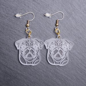 Pug Earrings. These earrings are made with engraved acrylic. Comes with gold hooks that is nickel free. Adorable dangle earrings for dog lovers.