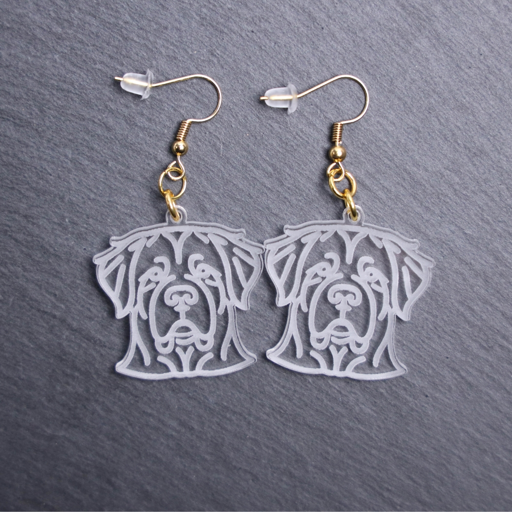 Saint Bernard Earrings. These earrings are made with engraved acrylic. Comes with gold hooks that is nickel free. Adorable dangle earrings for dog lovers.