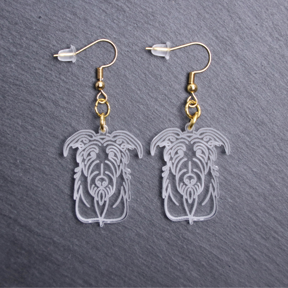 Scottish Deerhound Earrings. These earrings are made with engraved acrylic. Comes with gold hooks that is nickel free. Adorable dangle earrings for dog lovers.