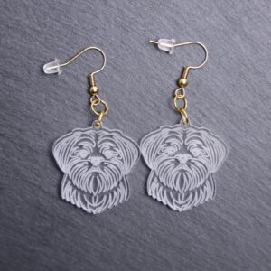 Shih Tzu Earrings. These earrings are made with engraved acrylic. Comes with gold hooks that is nickel free. Adorable dangle earrings for dog lovers.