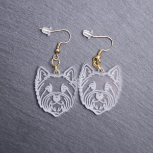 West Highland White Terrier Earrings. These earrings are made with engraved acrylic. Comes with gold hooks that is nickel free. Adorable dangle earrings for dog lovers.