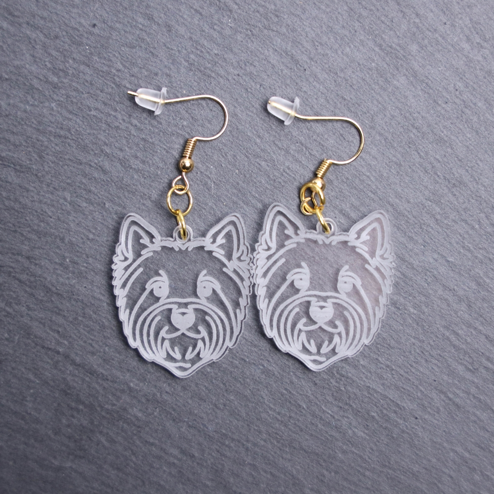 West Highland White Terrier Earrings. These earrings are made with engraved acrylic. Comes with gold hooks that is nickel free. Adorable dangle earrings for dog lovers.