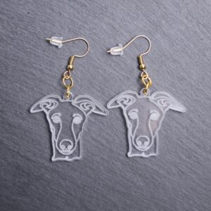 Whippet Earrings. These earrings are made with engraved acrylic. Comes with gold hooks that is nickel free. Adorable dangle earrings for dog lovers.